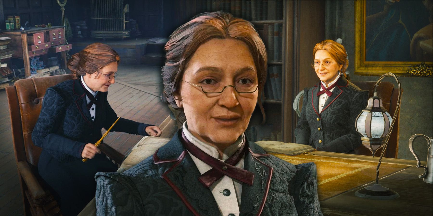 Professor Weasley from Hogwarts Legacy with shots of her sitting at her desk in the background.