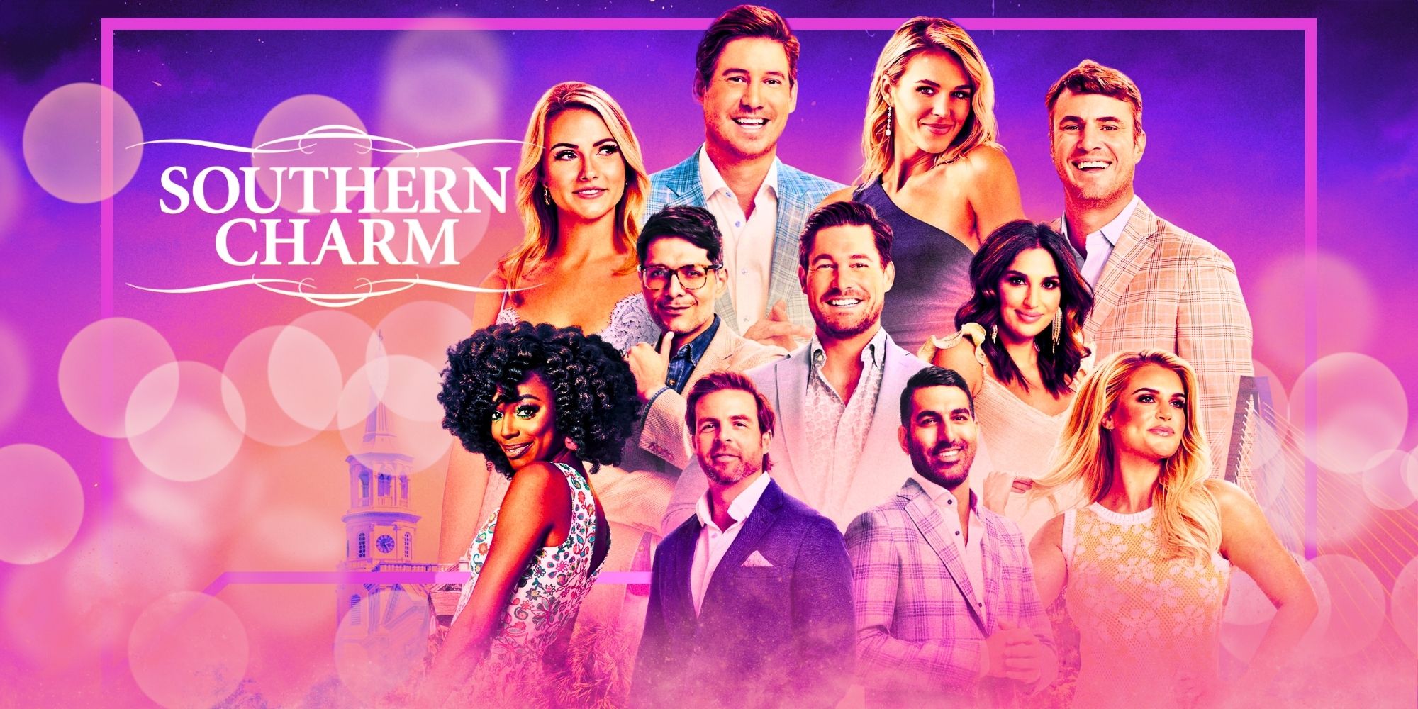 Southern Charm temporada 9 con fondo rosa y diseño de burbujas cubriendo la foto