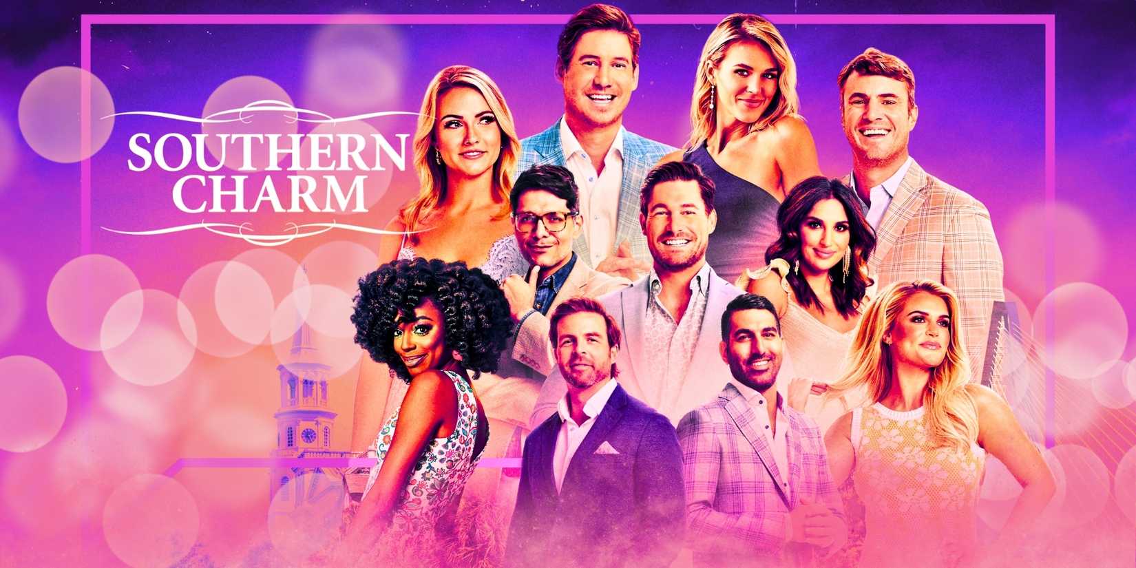 Southern Charm Season 9 cast with pink background and bubble design covering the photo