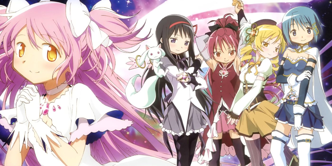 Puella Magi Madoka Magica promotional official art, featuring main character Madoka in the background, seemingly praying for her friends Homura, Kyouko, Sayaka, and Mami