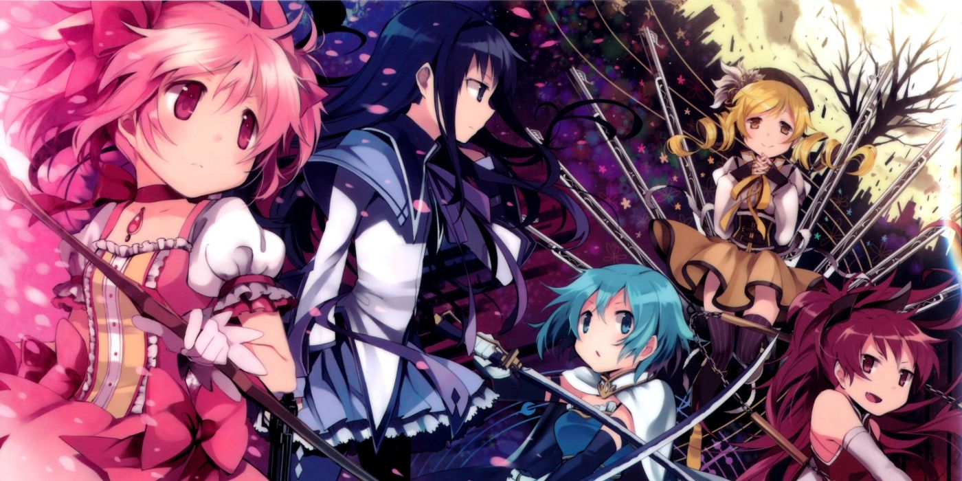 Puella Magi Madoka Magica promotional official art, featuring main characters Madoka, Homura, Kyouko, Sayaka, and Mami