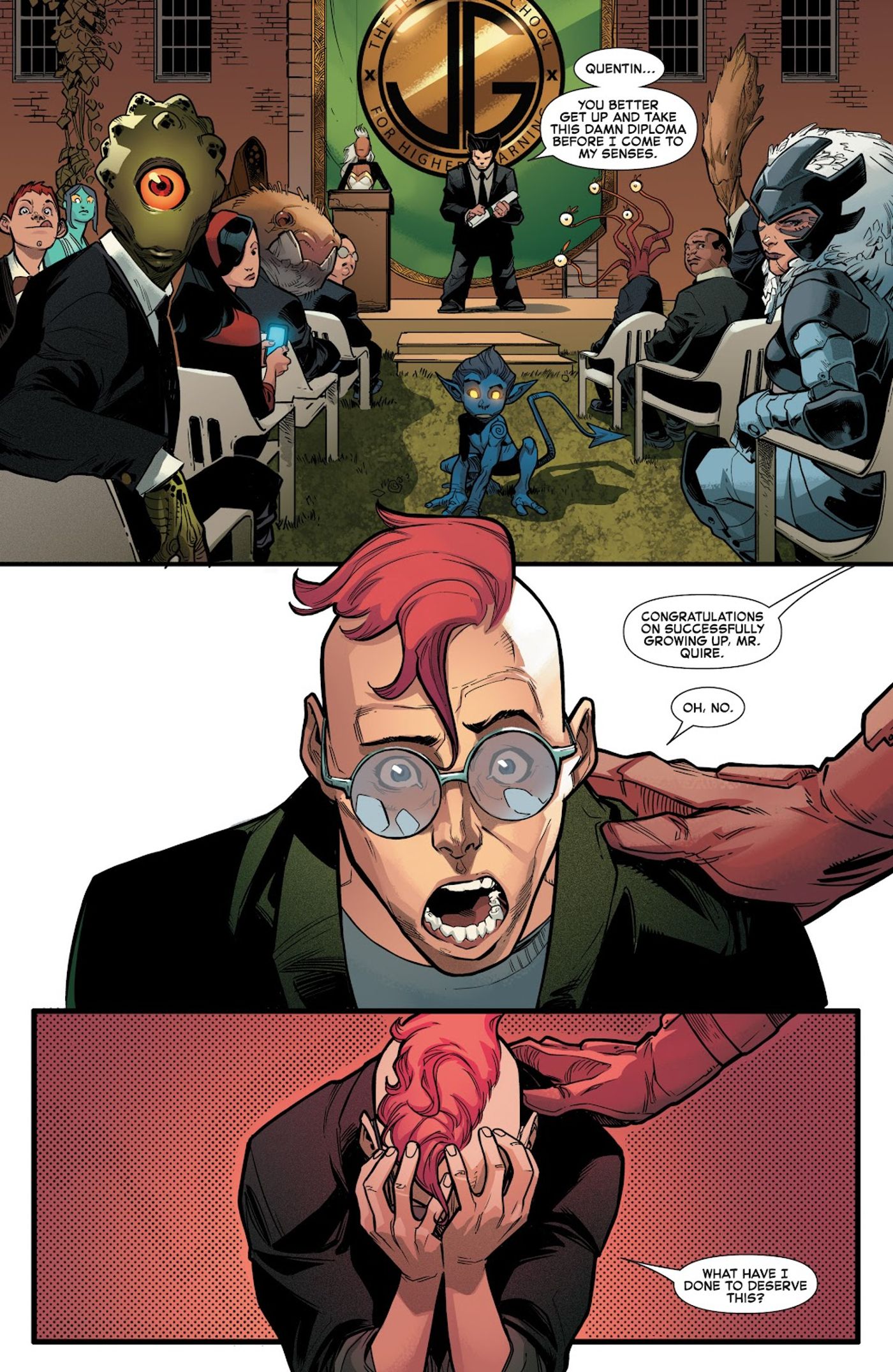 Wolverine announces that Quentin Quire is graduating from the Jean Grey Institute for Higher Learning.