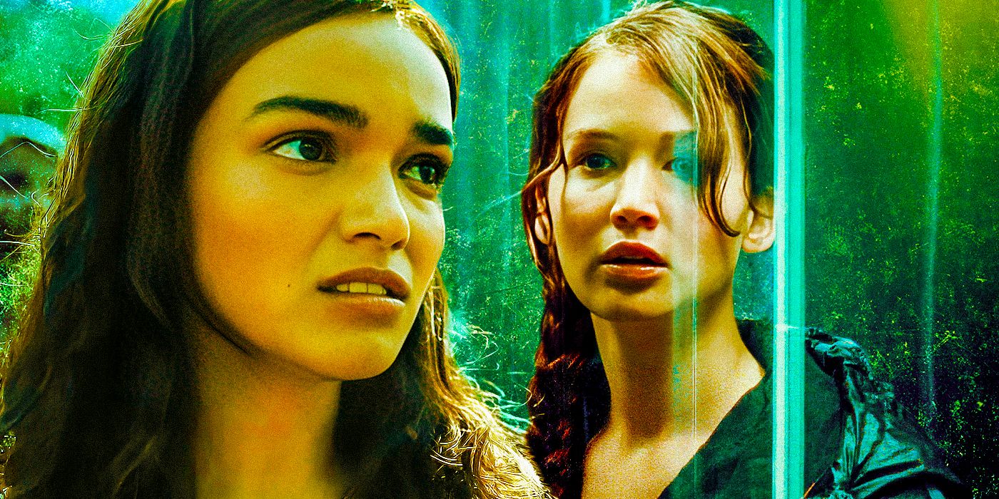 Rachel Zegler as Lucy Gray Baird from The Ballad Of Songbirds & Snakes & Jennifer Lawrence as Katniss Everdeen Hunger Games
