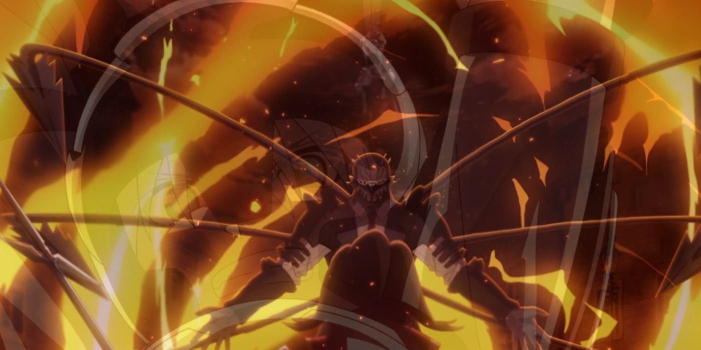 Ragna attacks superior dragon in Ragna Crimson with flames behind him.