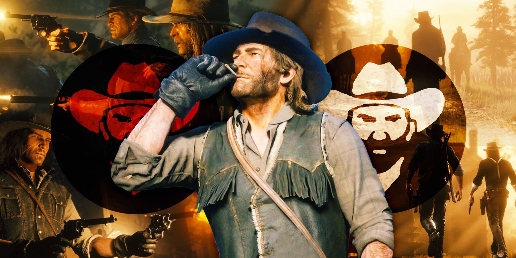 Arthur Morgan from RDR2 with the High Honor and Low Honor symbols on either side of him.