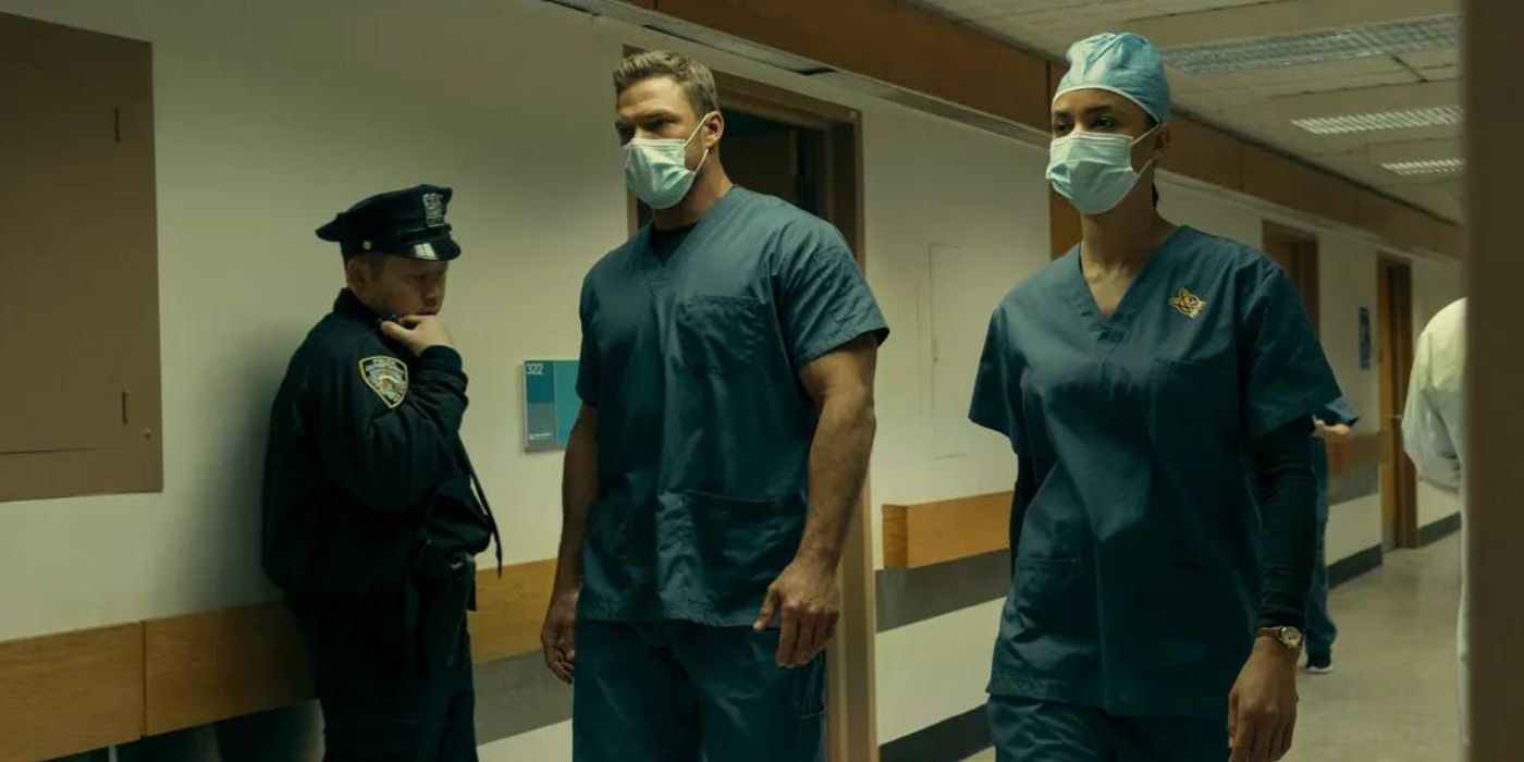 Reacher (Alan Ritchson) and Neagley (Maria Sten) in scrubs while undercover at a hospital in Reacher season 2 episode 7