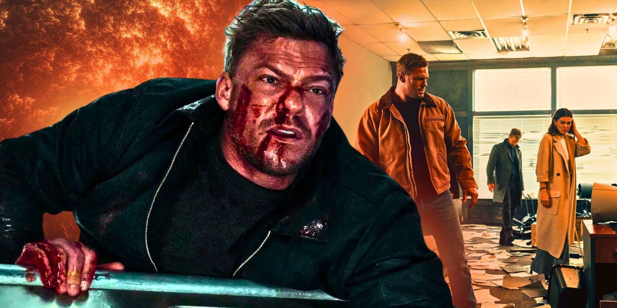 A custom image of Alan Ritchson as Reacher looking bloodied against backdrop of other Reacher scenes