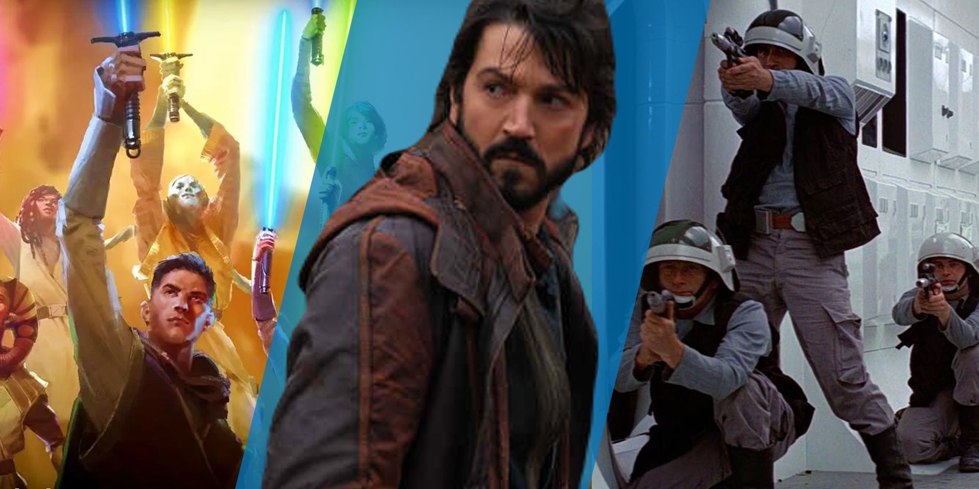 Cassian Andor separating images of the High Republic Jedi Order and the soldiers of the Rebel Alliance