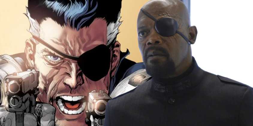 Split image of classic Nick Fury from Marvel Comics and Samuel L. Jackson as Nick Fury in Captain America: The Winter Soldier