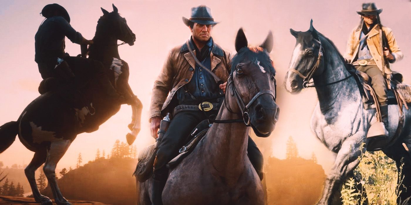 Arthur Morgan riding different horses from Red Dead Redemption 2.
