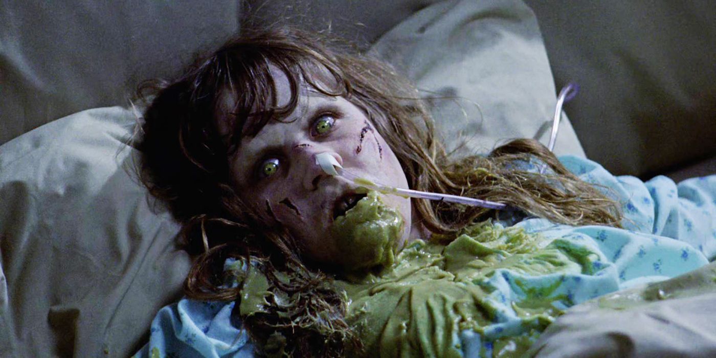 Regan with a feeding tube and vomit on her clothes in The Exorcist