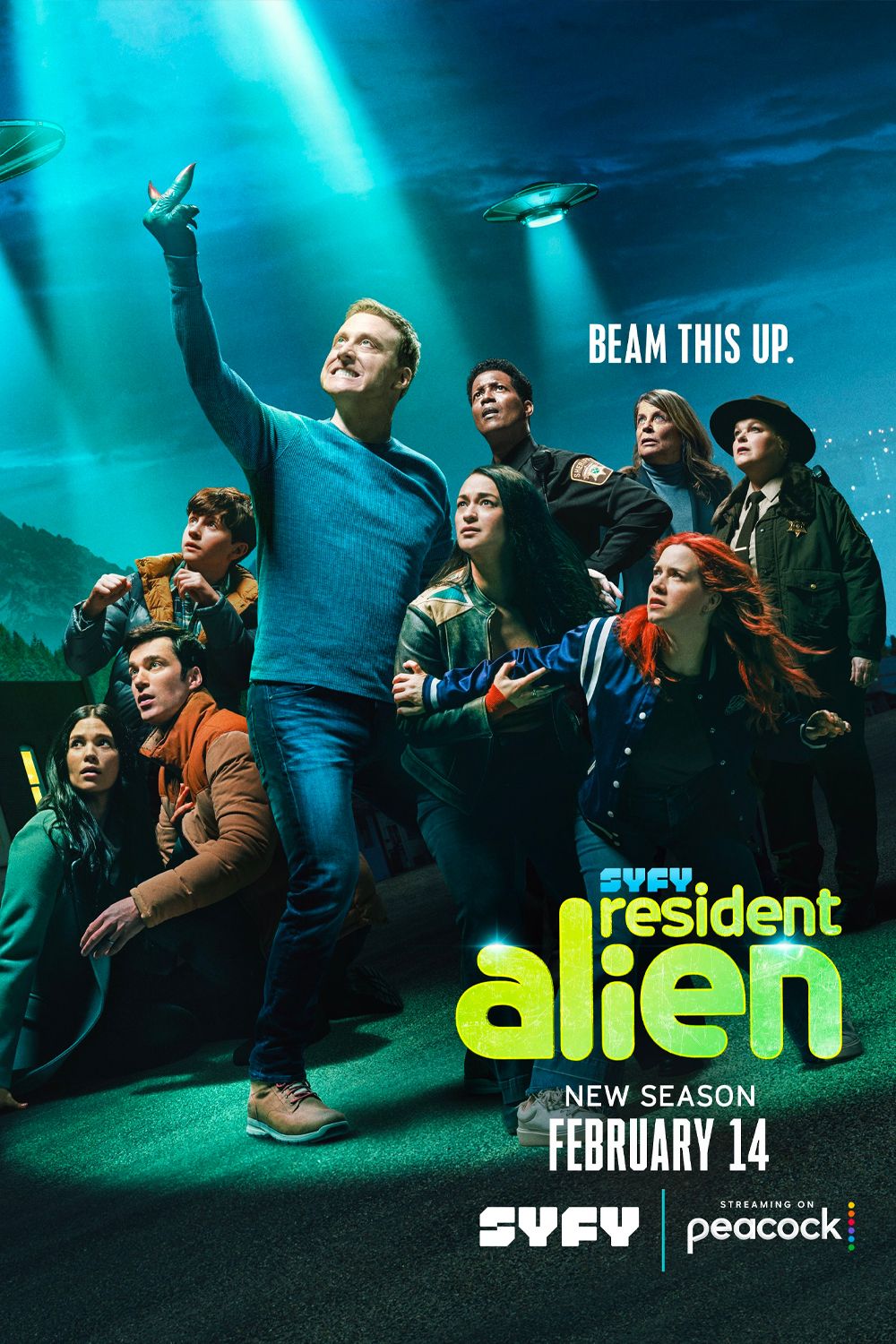Resident Alien Season 3 Poster Showing Alan Tudyk Flipping Off UFOs