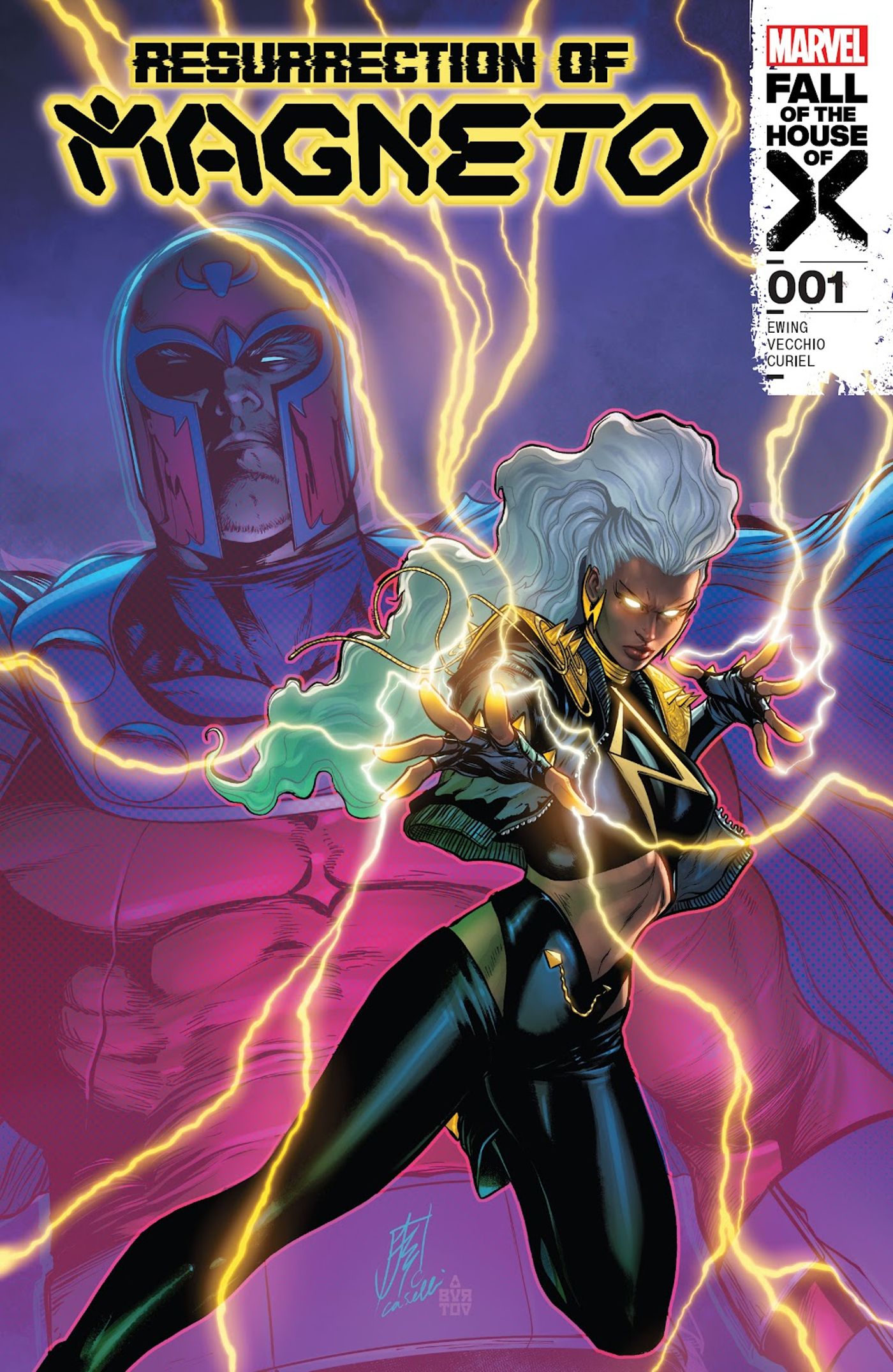 Capa da Ressurreição de Magneto #1, Tempestade (primeiro plano) cercada por iluminação; Magneto aparece em segundo plano