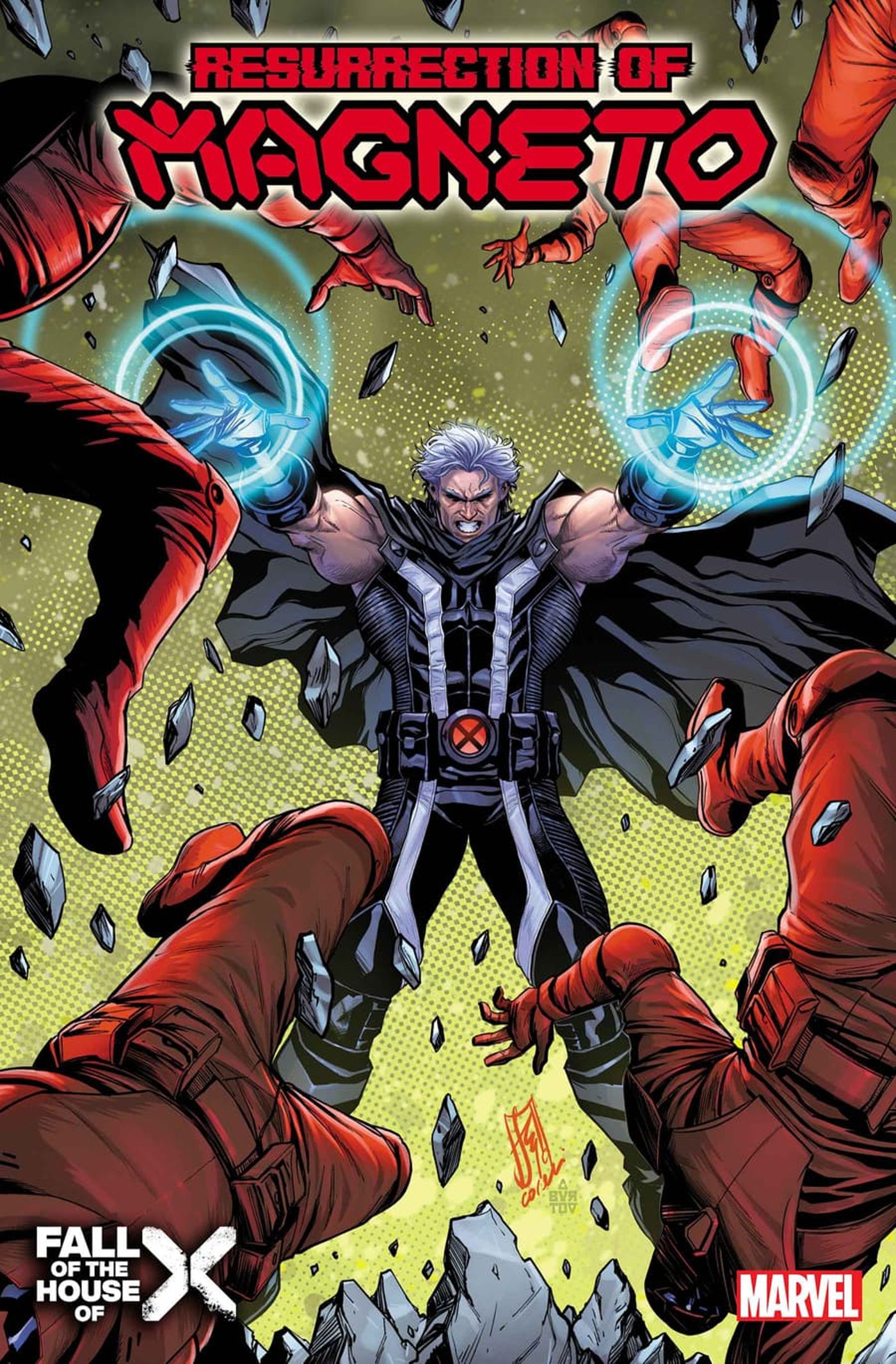 Capa da Ressurreição de Magneto #4, Magneto, vestindo seu traje preto sem capacete, ataca os soldados de Orchis 