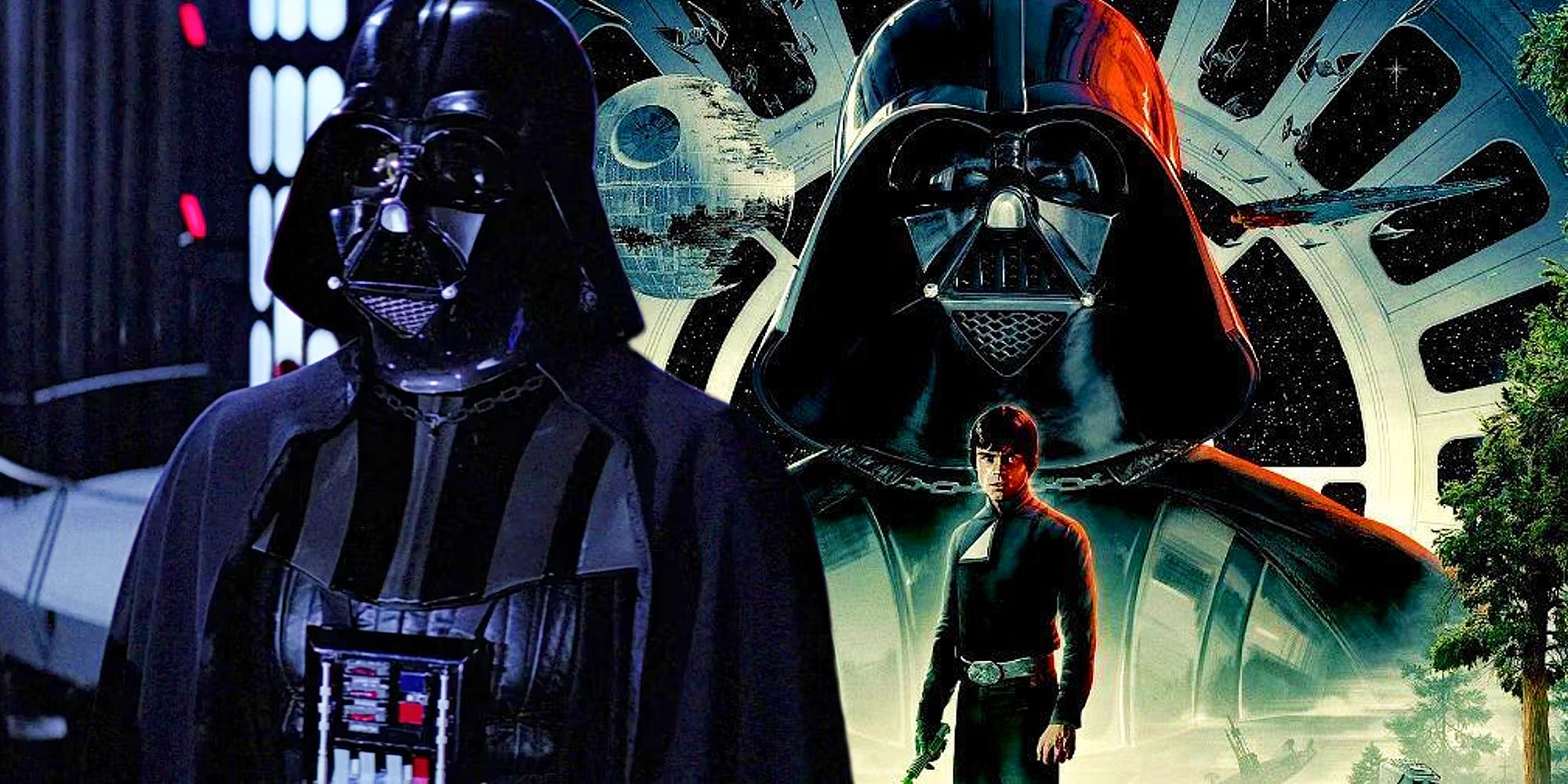 The 40th anniversary poster for Return of the Jedi showcasing Luke and Vader next to Vader from the film stood on the Death Star