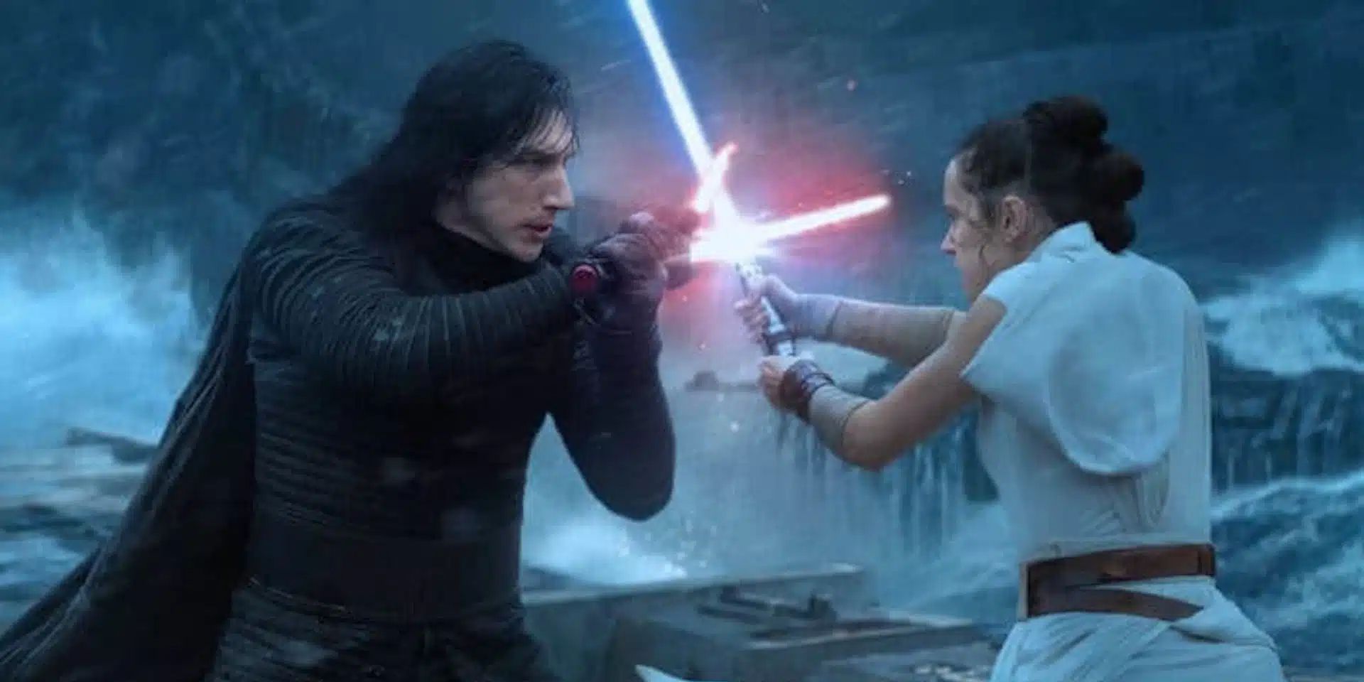 Rey and Kylo Ren fighting with their lightsabers clashing in Star Wars: The Rise of Skywalker