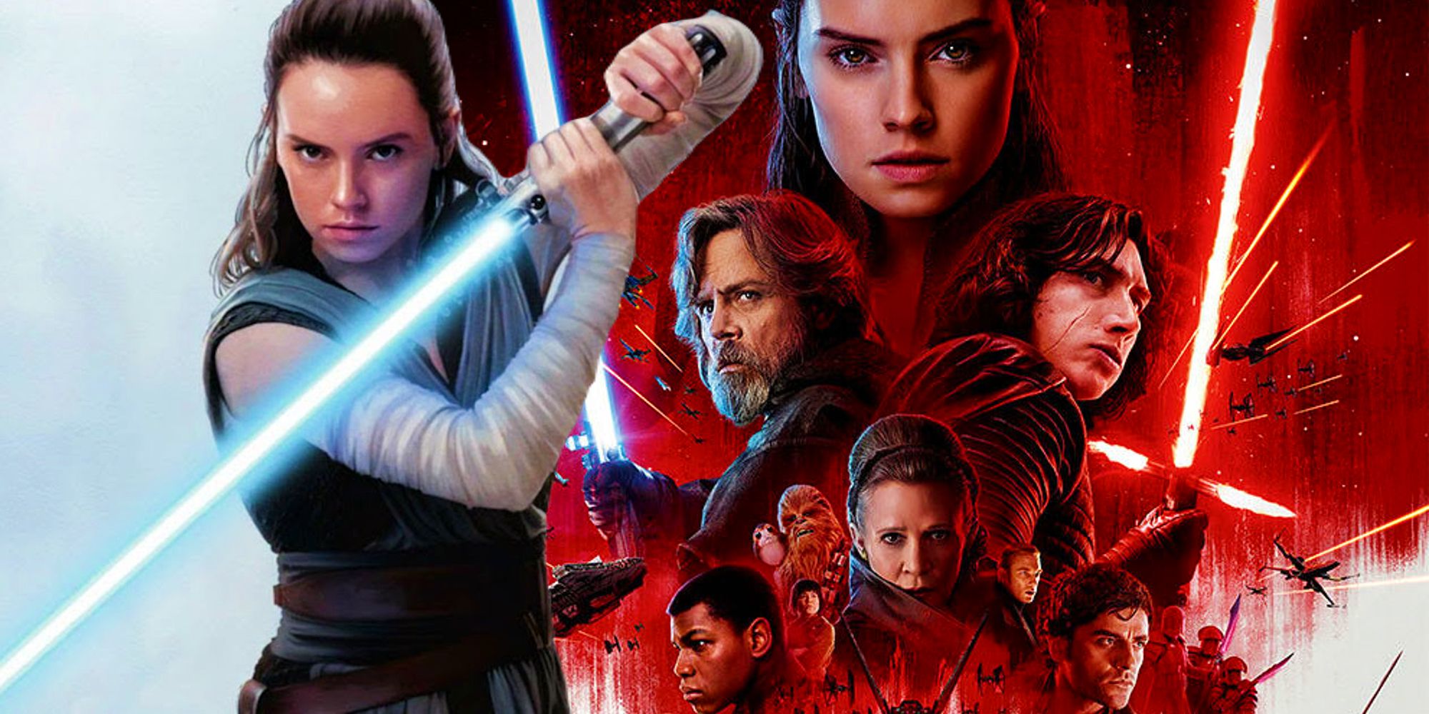 Rey Skywalker wielding her lightsaber next to the poster for Star Wars: The Last Jedi