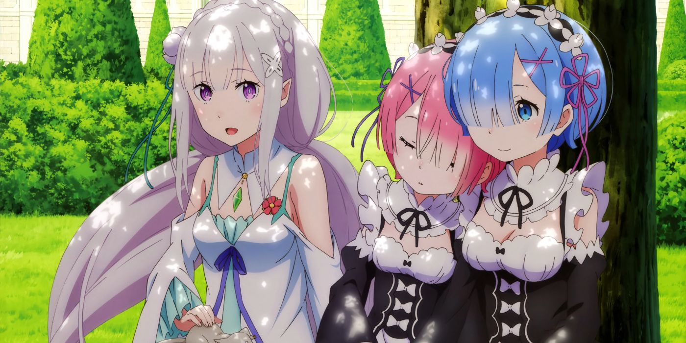 ReZERO -Começando a vida em outro mundo- Emila sentada do lado de fora ao lado de Ram e Rem que estão dormindo encostados em uma árvore