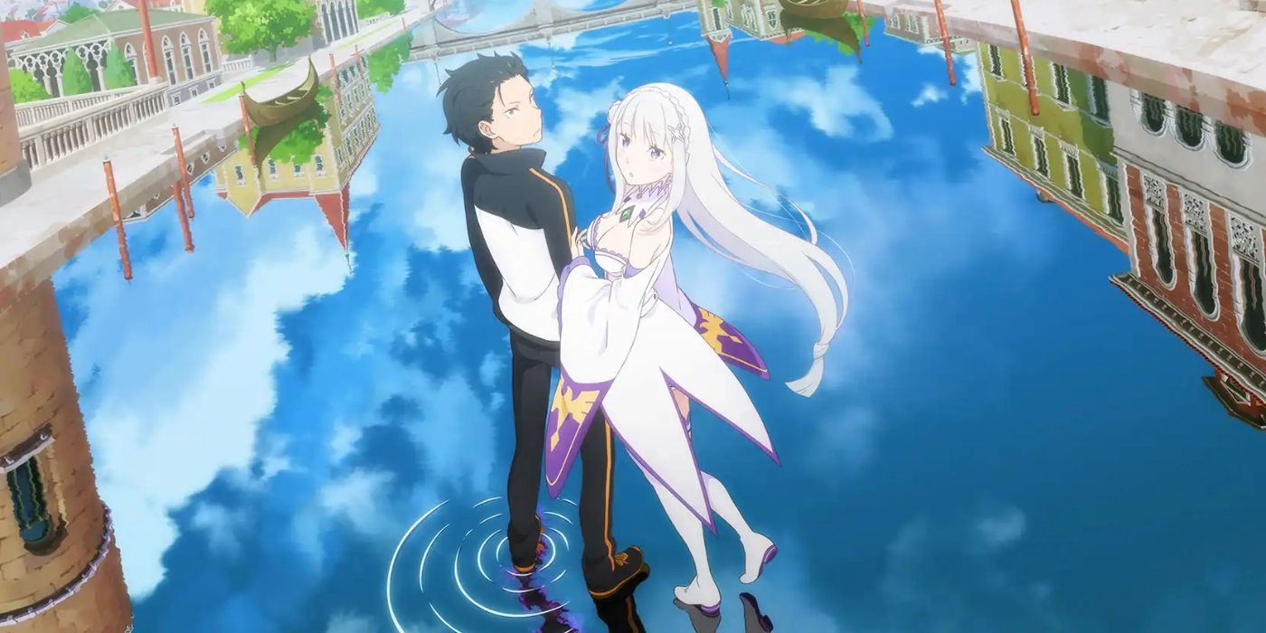 ReZERO -Starting Life in Another World-  Emilia and Subaru standing on the water that reflects thje sky, with a bridge in the background