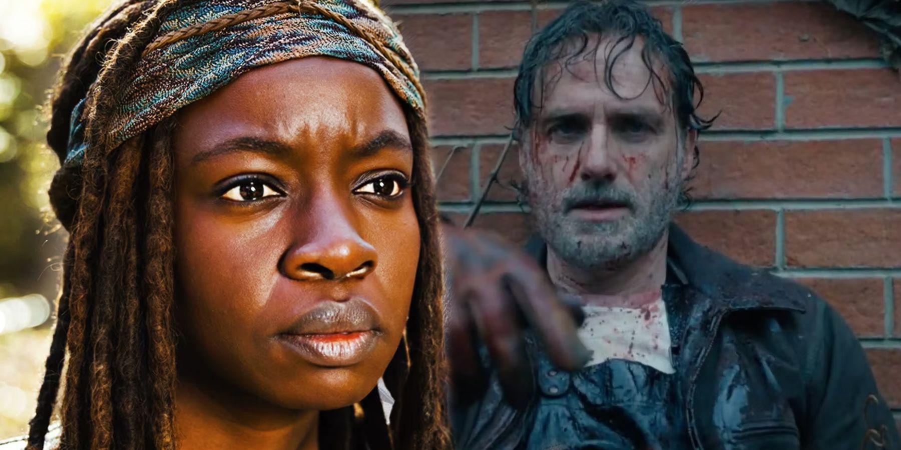 Michonne looking into the distance and Rick Grimes sitting down covered in blood in The Walking Dead.