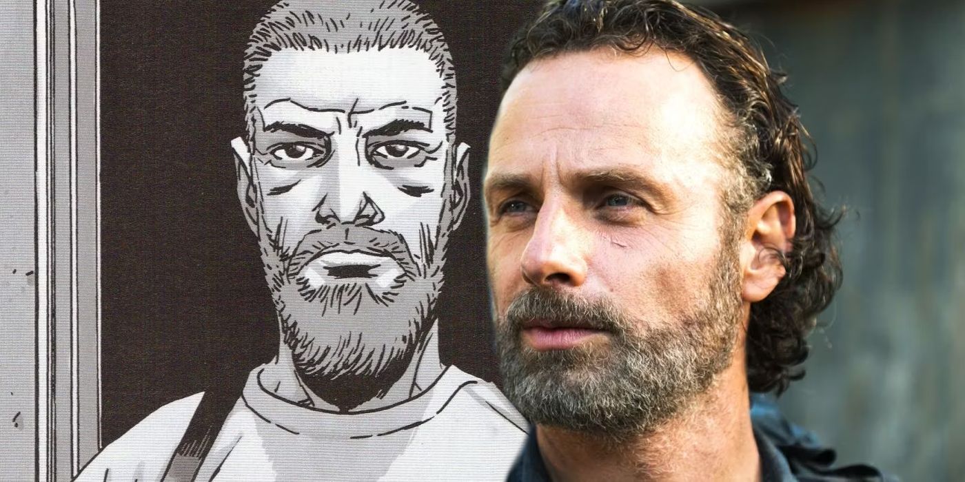 Comic Rick Grimes looking stoic and live-action Rick Grimes looking off in the distance in The Walking Dead