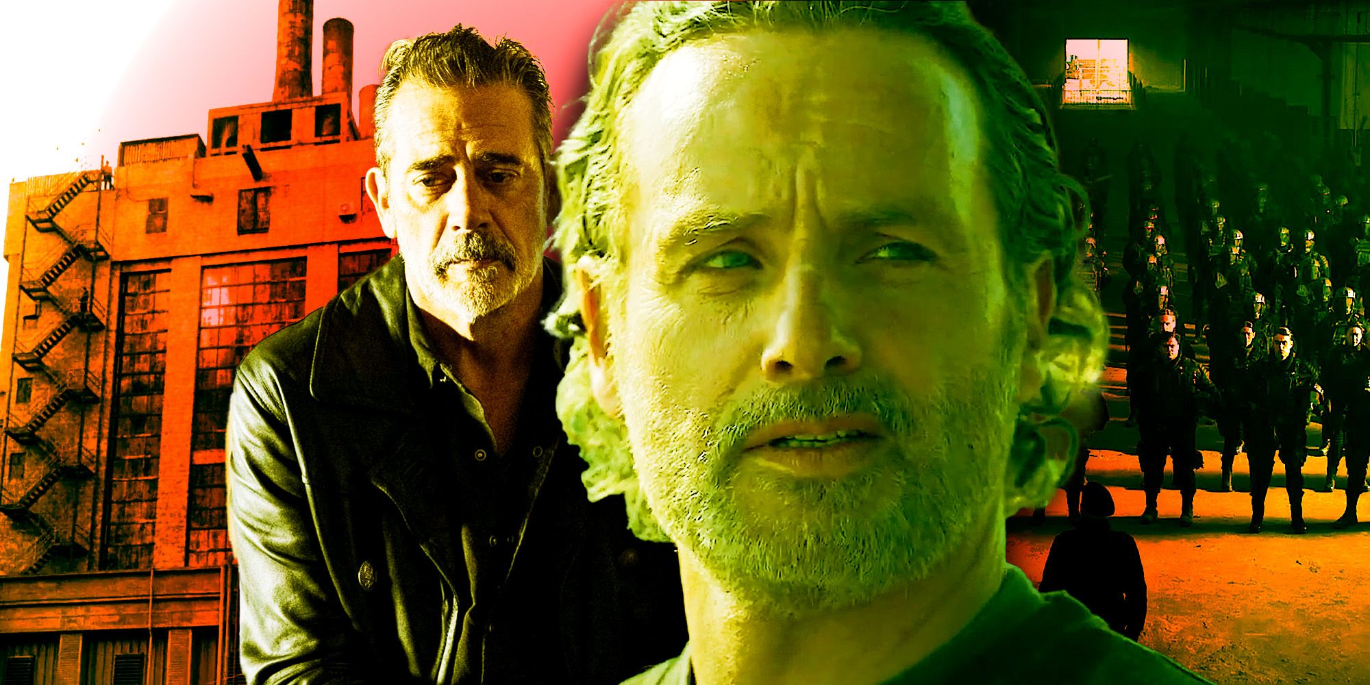 Rick looking menacing from The Ones Who Live and Negan from Dead City with the Sanctuary in the background