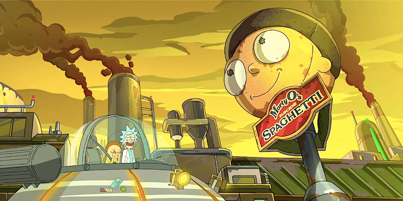 Rick terlihat puas ketika Morty terlihat hancur duduk di pesawat ruang angkasa di luar sebuah pabrik spageti yang dihiasi wajah Morty di Rick dan Morty Season 7