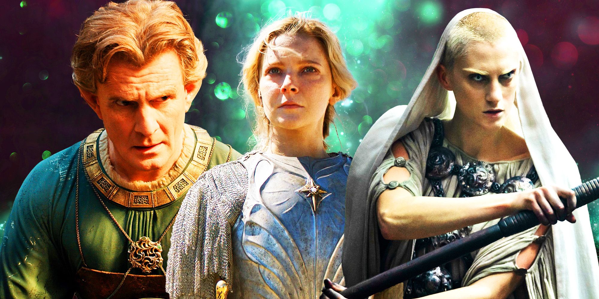 Collage of Charles Edwards as Celebrimbor, Morfydd Clark as Galadriel, and Bridie Sisson as the Dweller