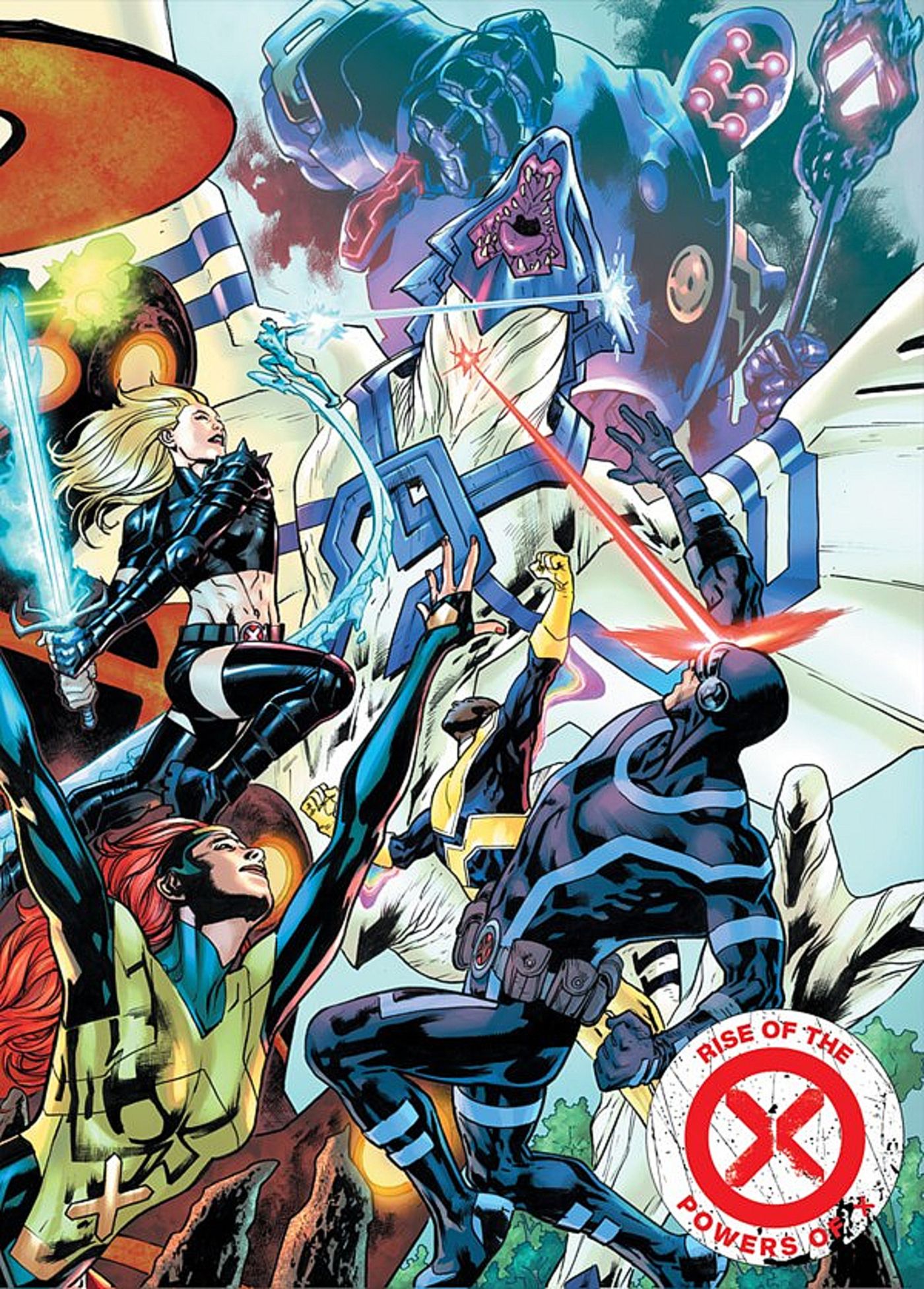 Rise of the Powers of X #4 variant cover, X-Men battling a looming Sentinel 