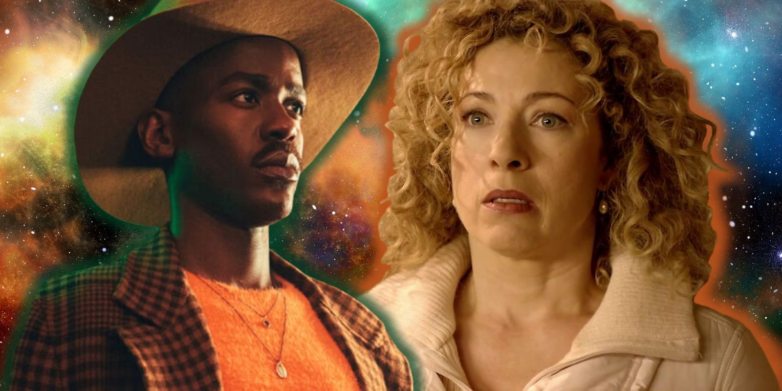 This collage shows River Song And the Fifteenth Doctor from Doctor who in front of a nebula.