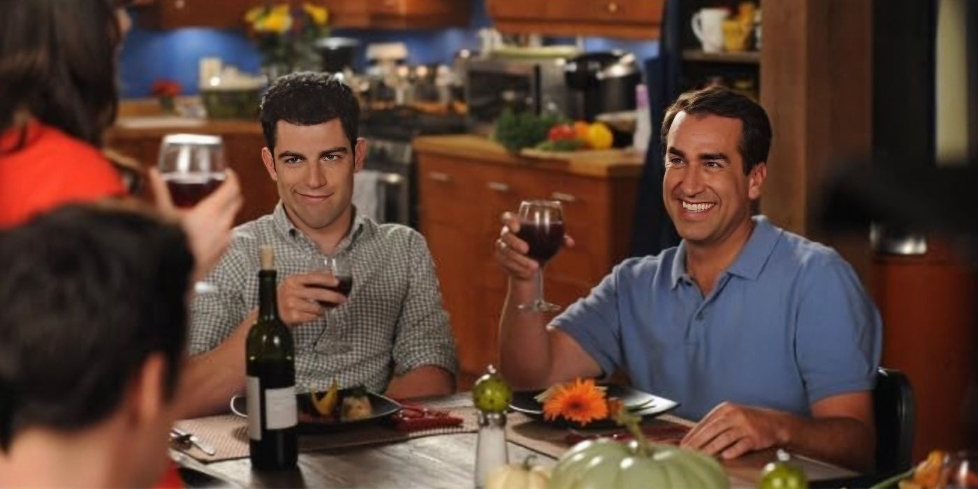 Rob Riggle and Max Greenfield as Schmidt and Big Schmidt at Thanksgiving dinner in New Girl