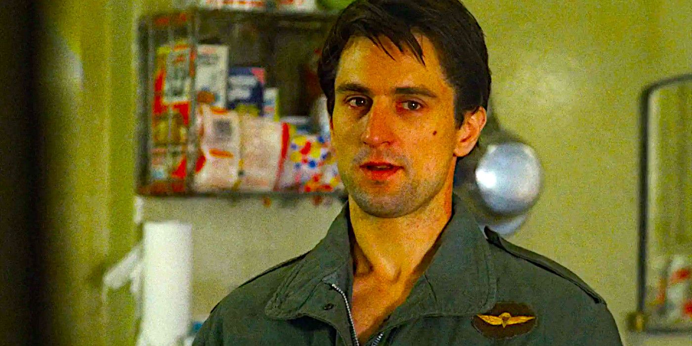 Robert De Niro as Travis Bickle posing and talking to himself in front of a mirror in a famous scene fromTaxi Driver