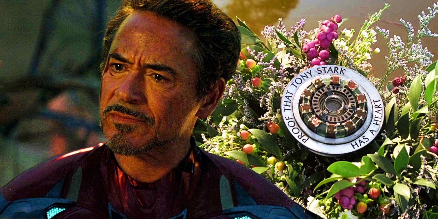 Robert Downey Jr As Iron Man In Avengers Endgame And Tony Stark's Arc Reactor Amid Flowers At His Funeral