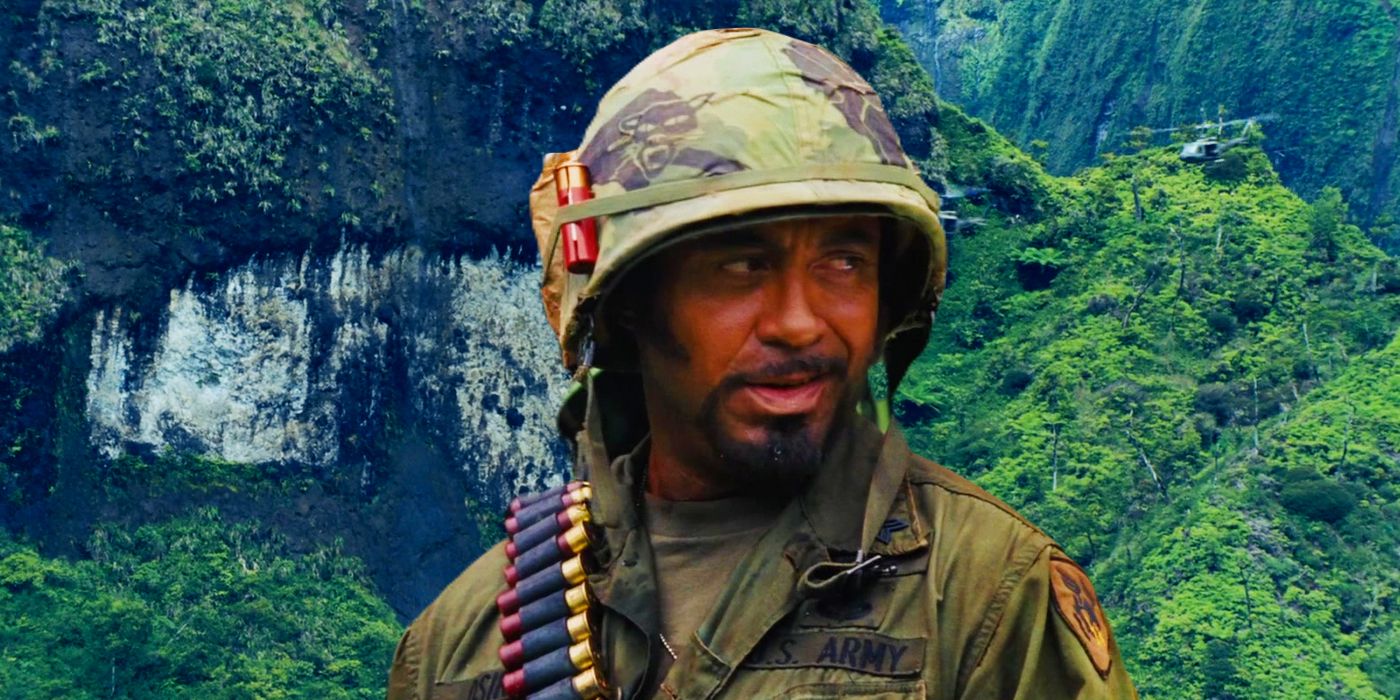 Robert Downey Jr as Kirk Lazarus as Lincoln Osiris in the jungle in Tropic Thunder