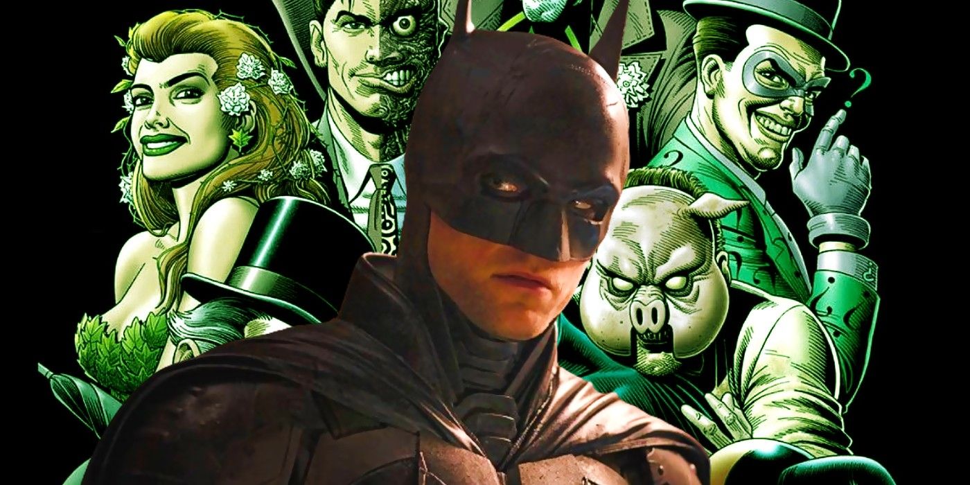 Robert Pattinson as Batman In Costume Looking To The Side In The Batman With Batman Villains From The DC Comics