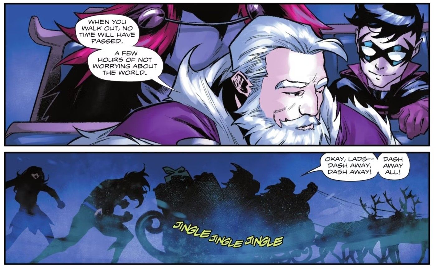 Comic book panels: Santa begins to fly away with his reindeer and Robin.
