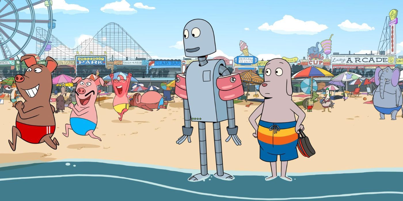 ROBOT and DOG stand among other animals at the beach on Coney Island in Robot Dreams.