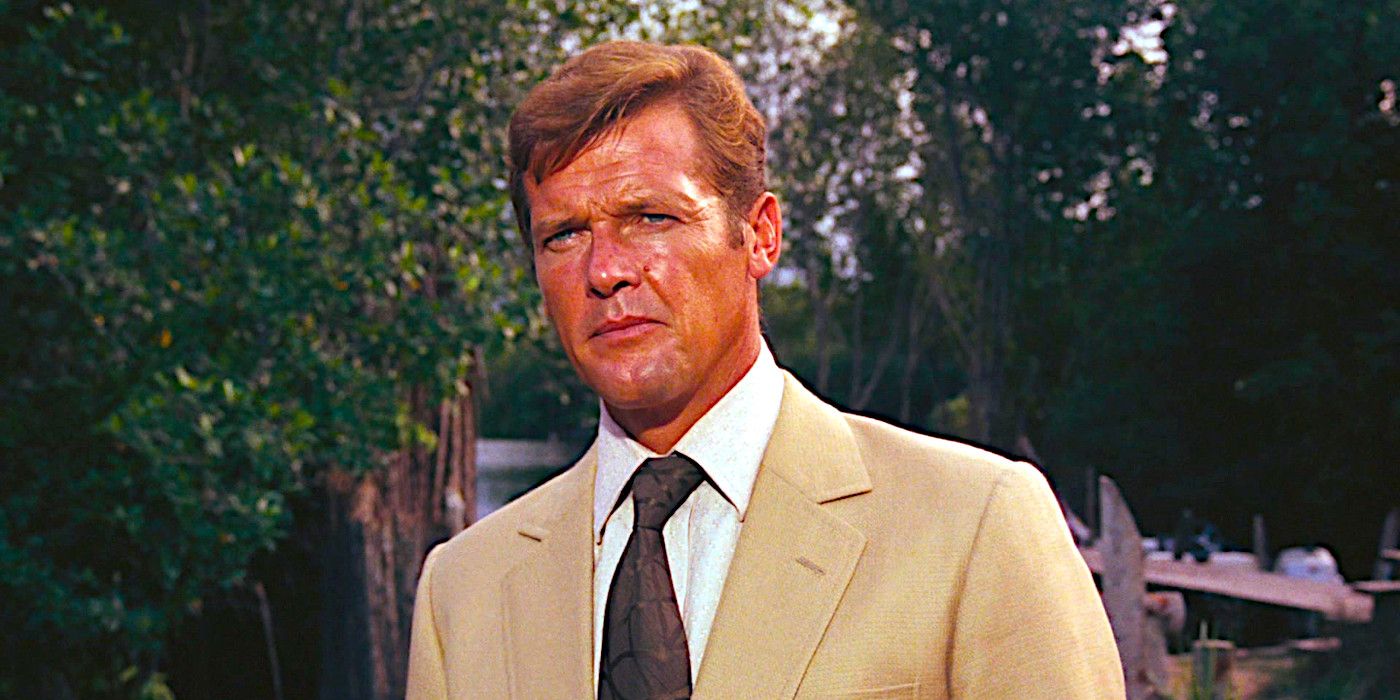 Roger Moore as James Bond sweating while wearing a suit in a tropical locale in Live and Let Die