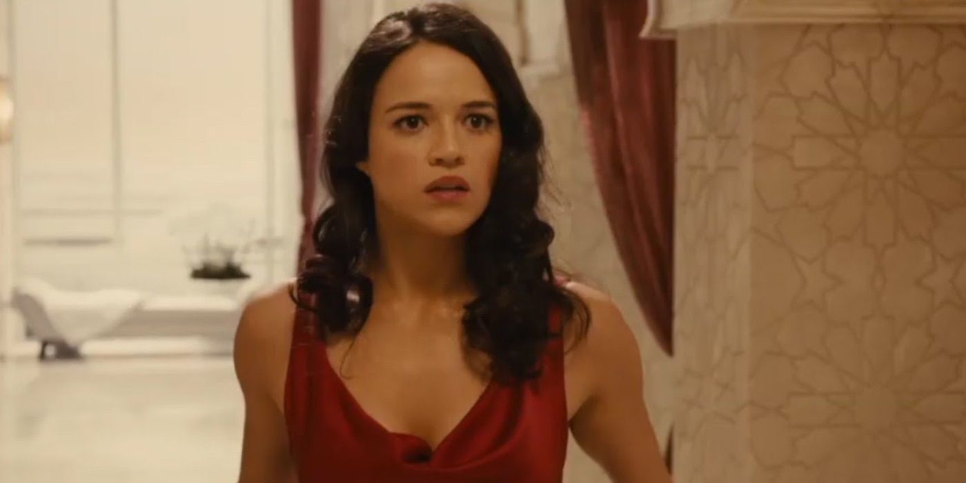 Michelle Rodriguez looking scared in Furious 7