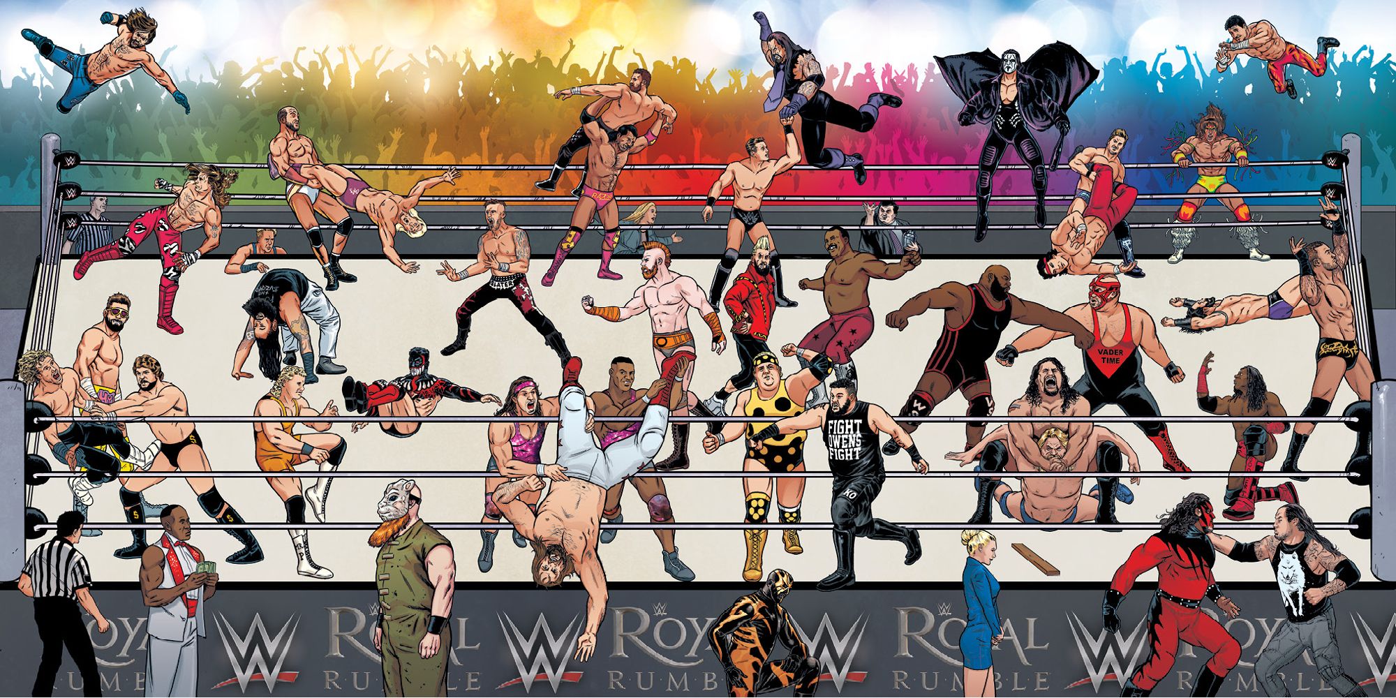 Featured Image: combined wraparound variant covers for WWE's Royal Rumble comic, featuring pro wrestling superstars past & present