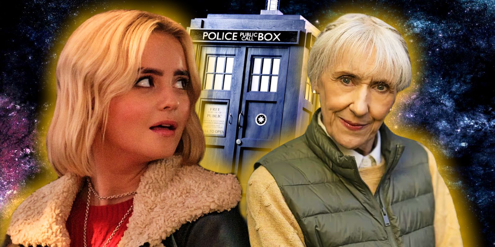 This collage shows Ruby Sunday and Mrs. Flood in front of the TARDIS in Doctor Who