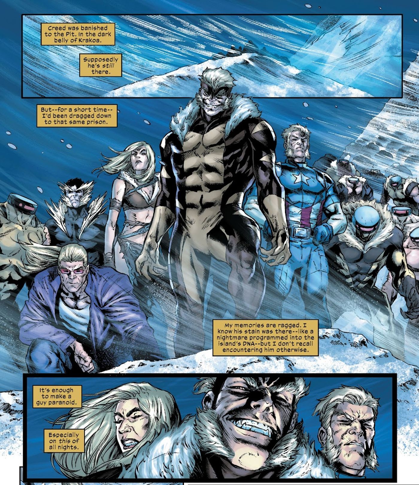 Multiple Sabretooth Variants plan an attack over Wolverine's narration. 