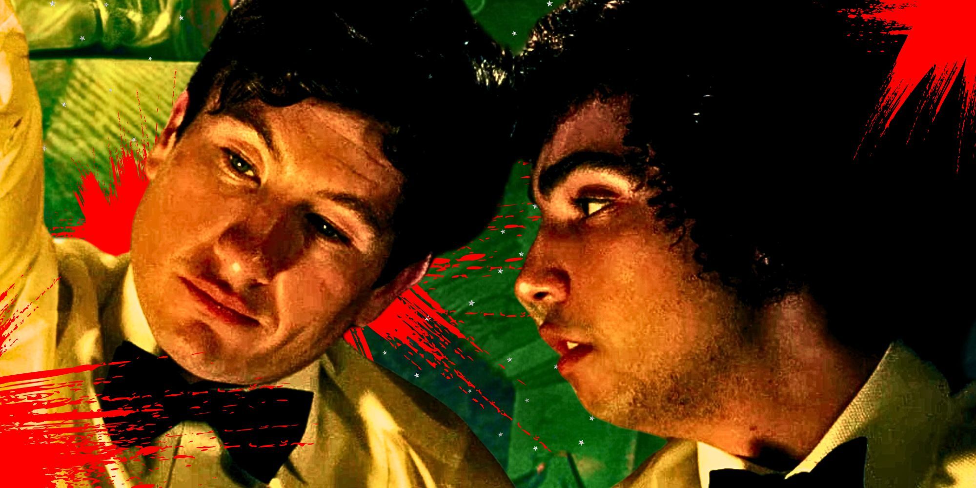 Barry Keoghan as Oliver and Archie Madekwe as Farleigh in Saltburn.