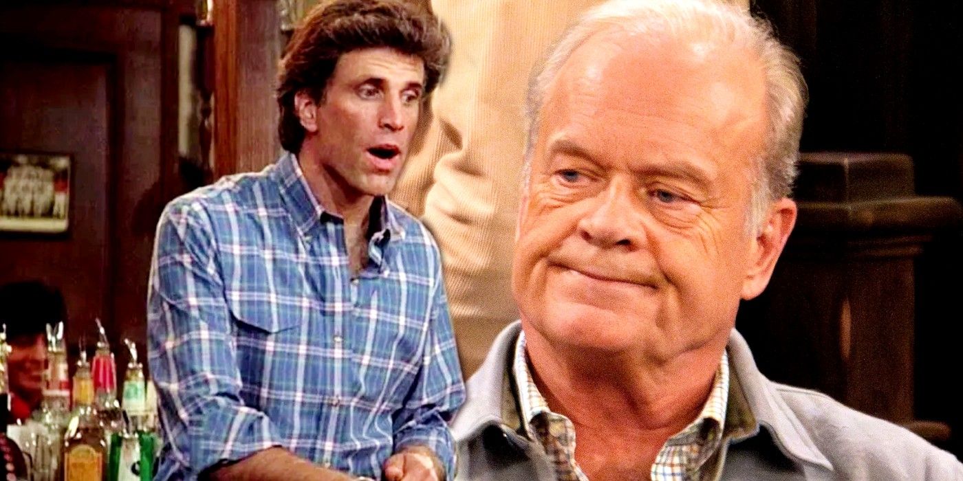 Ted Danson's Sam Malone making a shocking reaction in Cheers and Grammer's Frasier Crane looking upset in the reboot series
