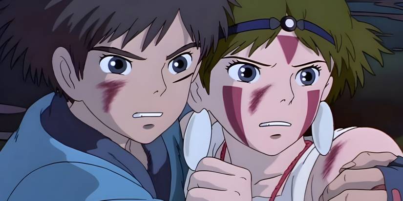 Ashitaka holds San as they look on in concern from Princess Mononoke.