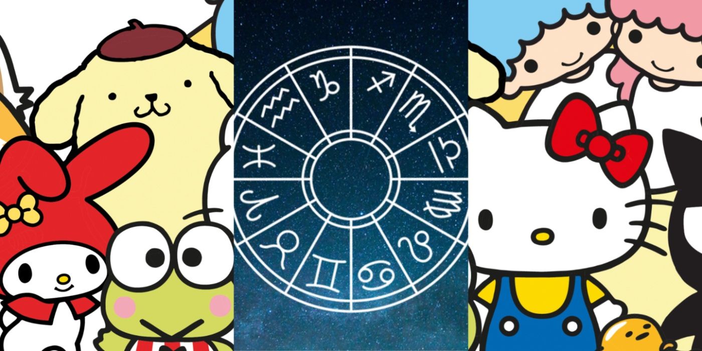 Side by side images feature Sanrio characters on either side of a zodiac sign wheel