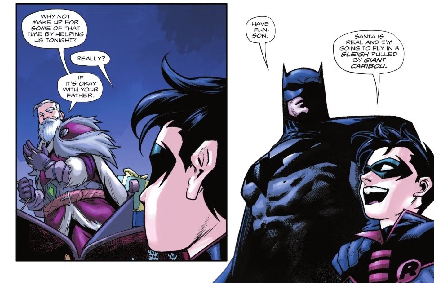 Batman/Santa: Silent Knight, Santa Offers Robin a sleigh ride