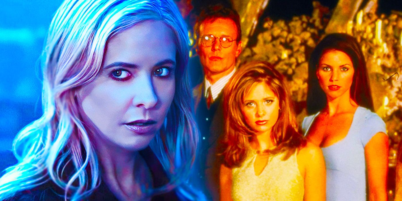 Sarah Michelle Gellar as Kristin Ramsey in Wolf Pack and Gellar as Buffy with Anthony Head as Giles and Charisma Carpenter as Cordelia in Buffy the Vampire Slayer.