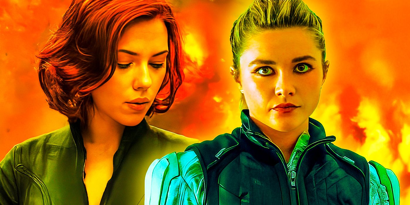 Scarlett Johansson as Natasha Romanoff aka Black Widow next to Florence Pugh as Yelena Belova