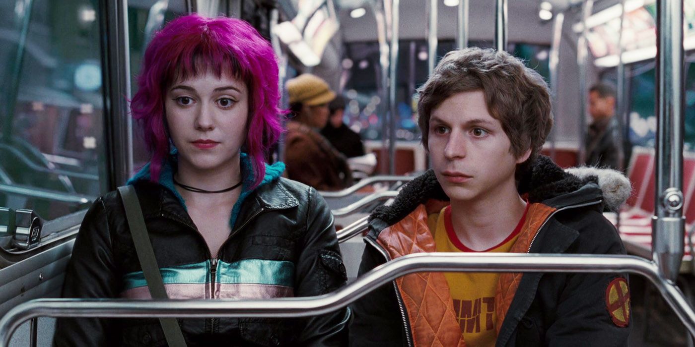 Scott Pilgrim vs the World Ramona and Scott sitting next to each other awkardly on the bus